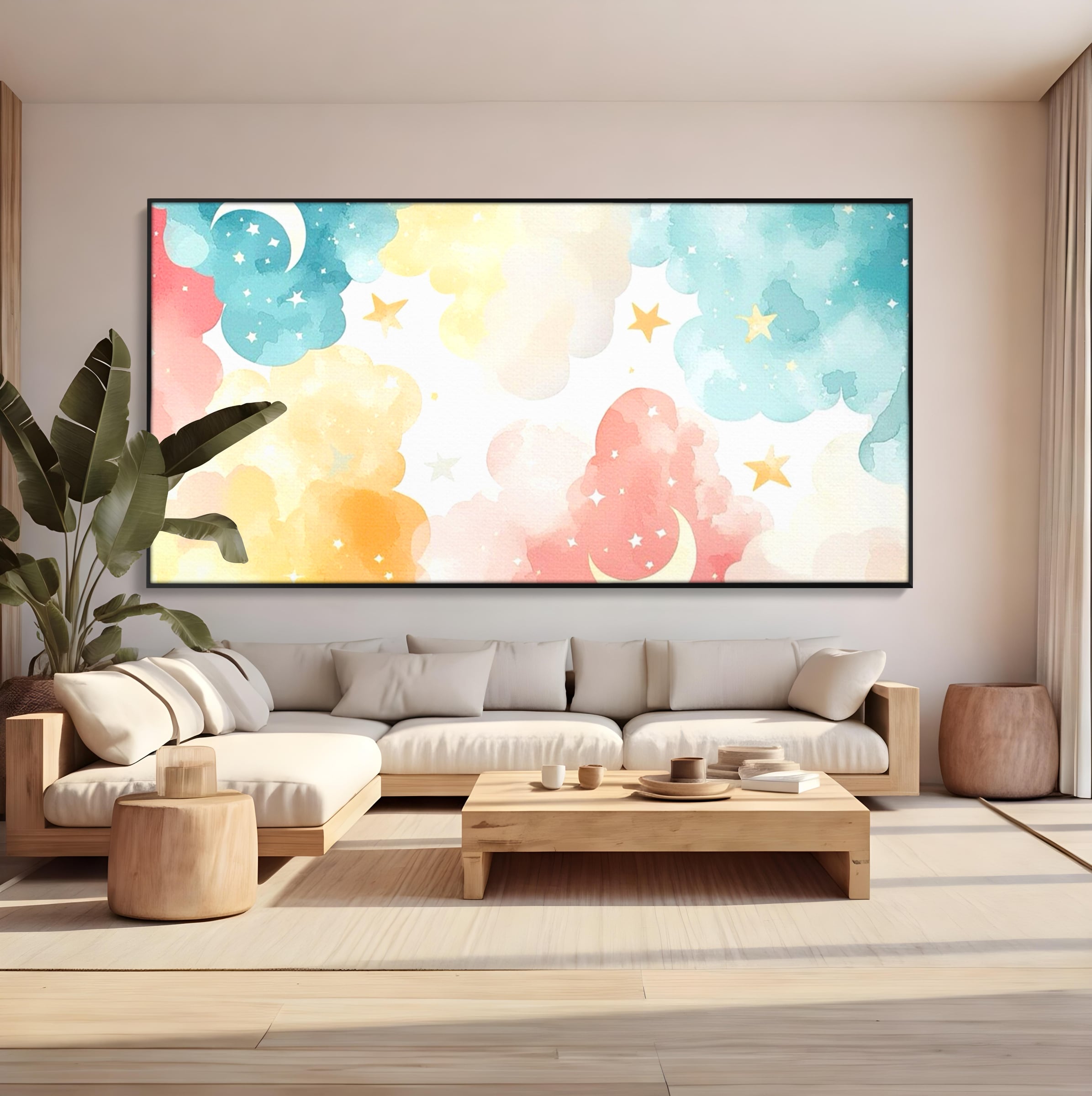 Tablou canvas cu ilustratie canvas cu nori si semiluni, in rama de aluminiu negru, pe perete intr-un living